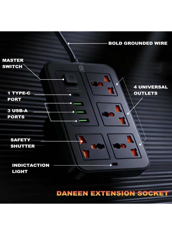 DANEEN 8 in 1 Power Strip with 4 AC Outlets, 3 USB‑A  & 1 USB‑C PD Port, Surge Protector, 5m Heavy-Duty Extension Cord, Overload Protection, Wall-Mountable Multi-Plug for Home, Office (Black) - Image 2